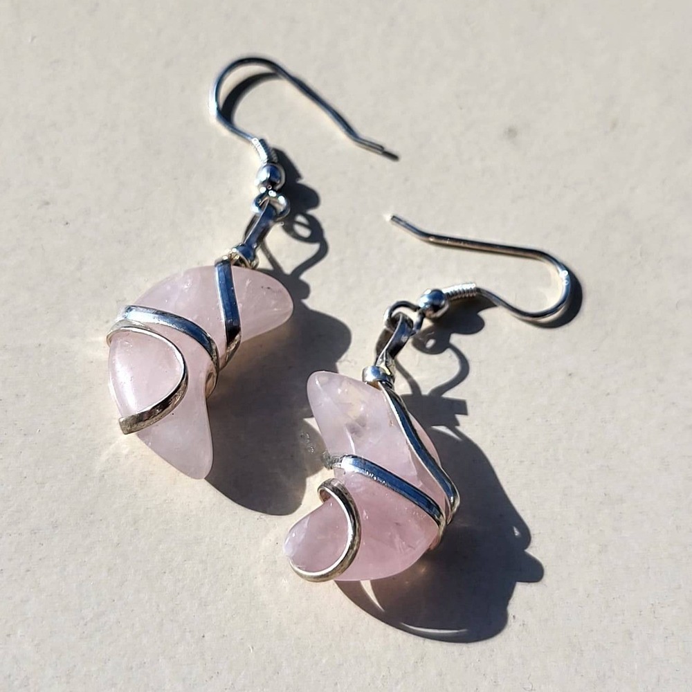 Vintage Rose Quartz Stone Crescent Moon Drop Earrings Pink Silver Wire Wrap
